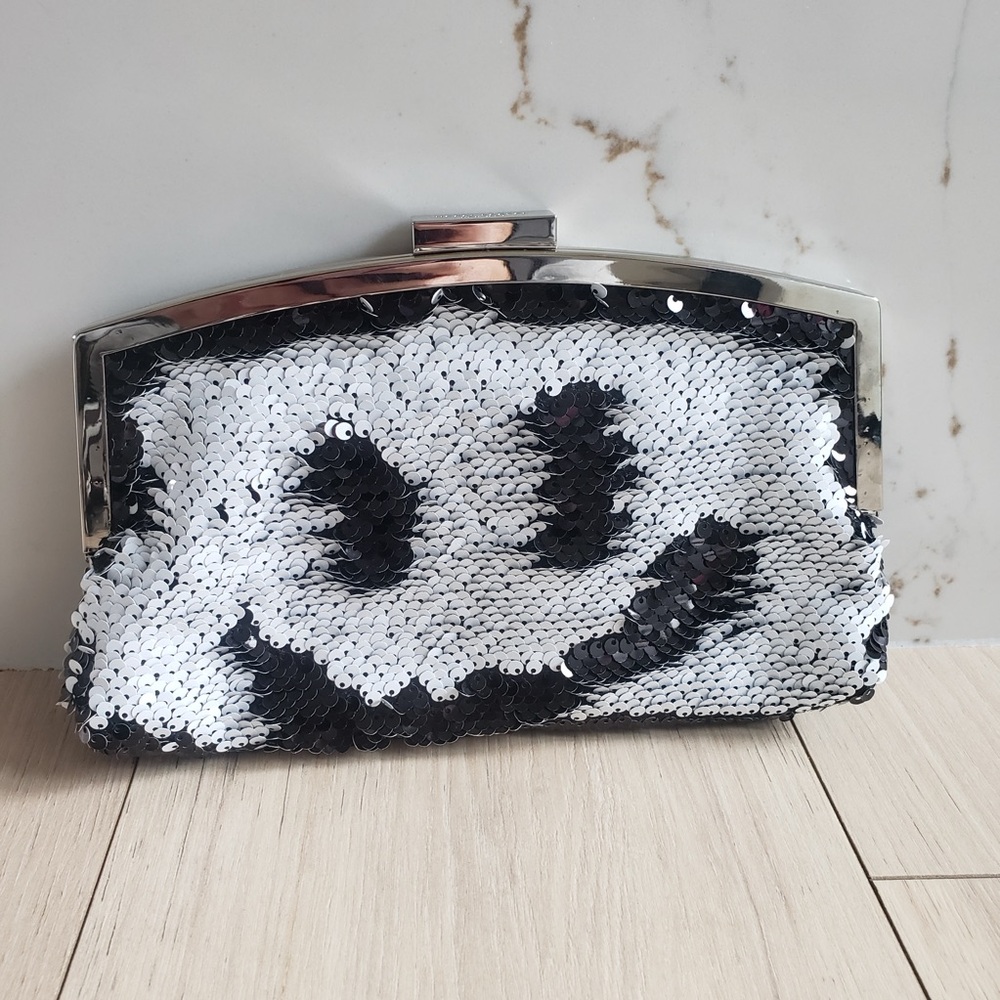 Henri Bendel Frame Party Clutch Black White Reversible Sequins Formal Bag